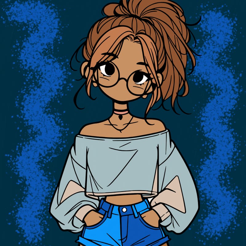 girl with a messy ponytail glasses a baggy crop top and jean shorts