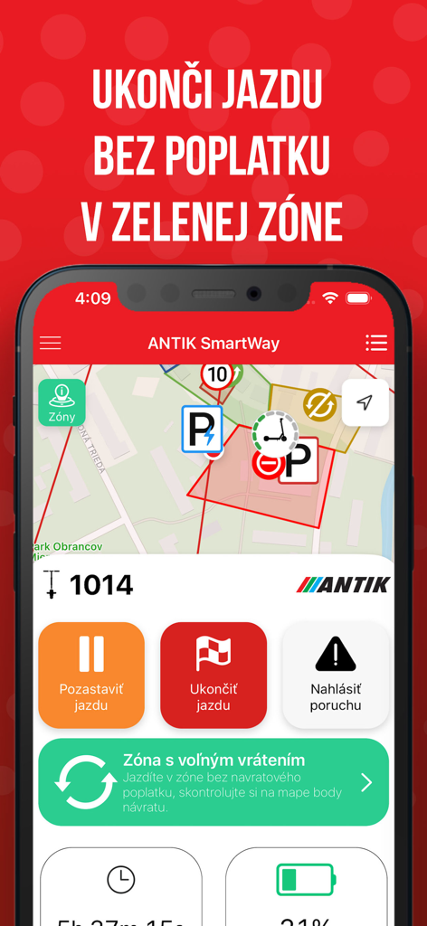 ANTIK SmartWay app showing active ride map with parking zones and trip controls