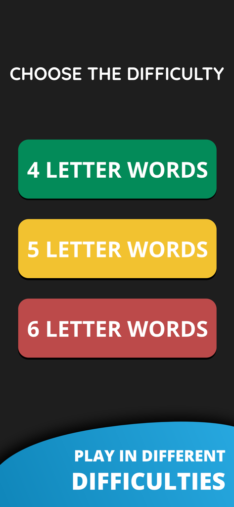 Wordling・Brain Word Game - Wordlingアプリの難易度選択画面、4文字、5文字、6文字の単語パズルのオプションが表示されています。