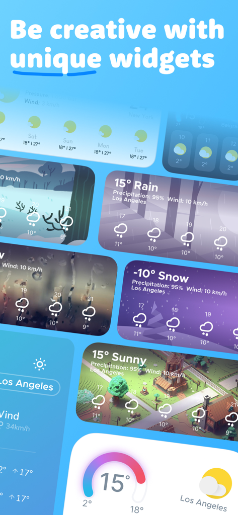 Overdrop - Weather & Widgets - A collection of stylized weather widgets showing different weather conditions and artistic themes