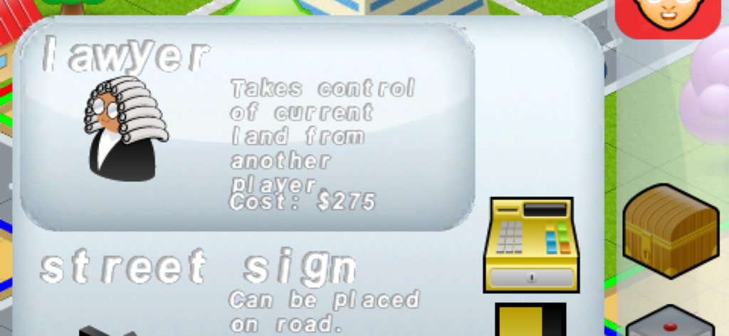 MILLIONAIRE TYCOON™ - Menu d'objets du jeu Millionaire Tycoon montrant la description de l'objet Avocat qui prend des terres à d'autres joueurs