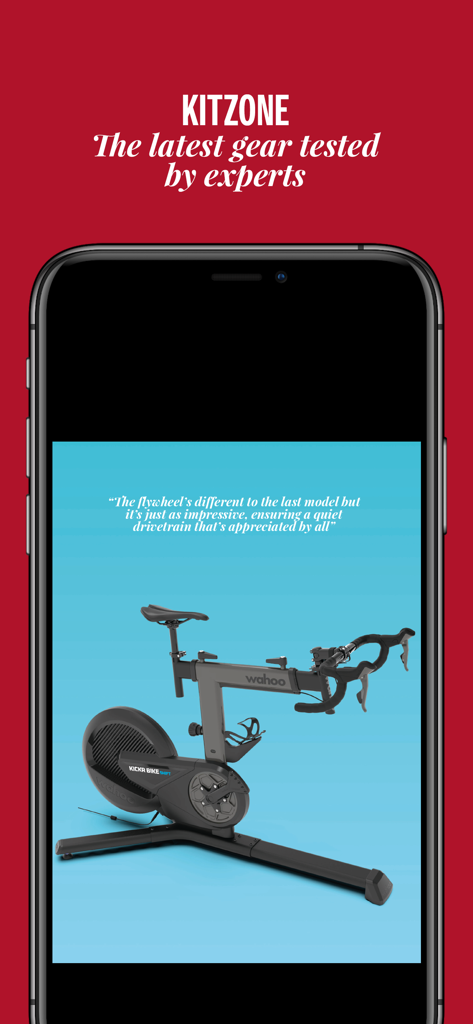 220 Triathlon Magazine - A smartphone showing the Kitzone gear review section of the 220 Triathlon Magazine app featuring a Wahoo smart bike.