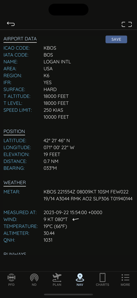 AirTrack NG interface showing technical airport data and real-time weather for Logan International Airport