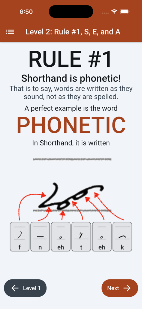 Shorthanded Gregg - Shorthanded Gregg app screen explaining the phonetic rule of shorthand with a visual example.