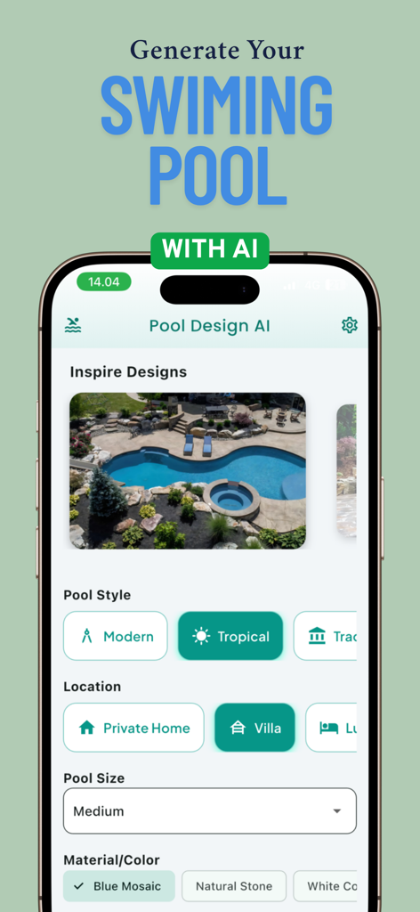 AI Pool Design: Landscape AI - Una interfaz de aplicación móvil para generar diseños personalizados de piscinas con IA, con selección de estilo y materiales
