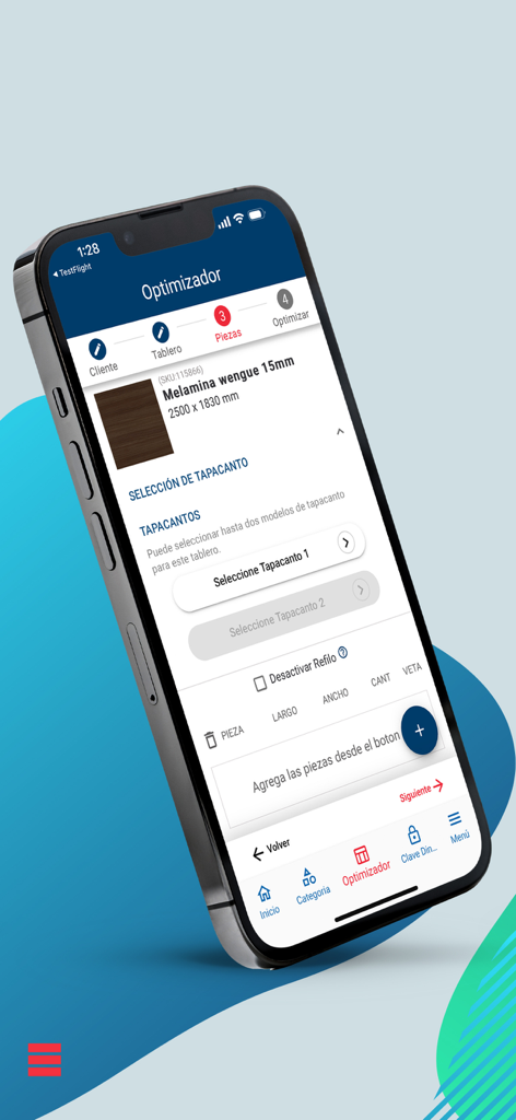 Imperial App - Screenshot of the Imperial App board optimizer tool showing melamine sheet dimensions and edge banding selection on a mobile device.