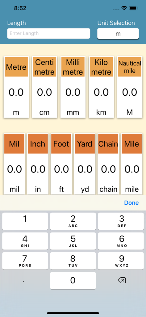 Length-Units Converter - 키패드가 있는 미터법 및 야드파운드법 길이 단위에 대한 여러 길이 단위 변환을 보여주는 모바일 애플리케이션 인터페이스