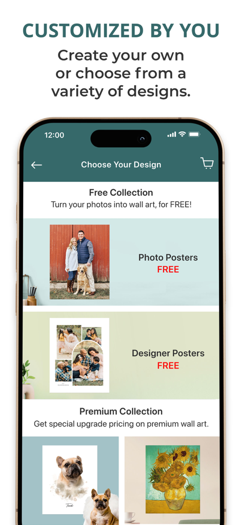Screenshot of the FreePrints Photo Art app showing various design options including free photo posters and designer posters