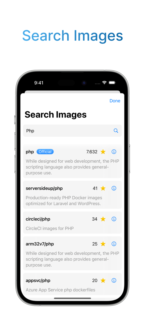 Interfaz de la aplicación Container Express mostrando resultados de búsqueda de imágenes Docker de PHP
