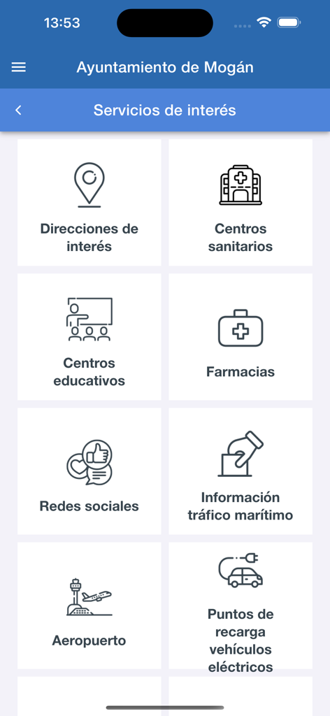 Mogán - Menu de l'application Mogán montrant des services tels que les centres de santé, les pharmacies et les informations aéroportuaires