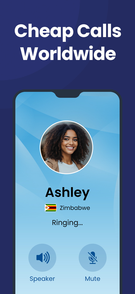 Talk Home: Cheap Calls - Interfaz de la aplicación Talk Home mostrando una llamada internacional barata saliente a Zimbabue