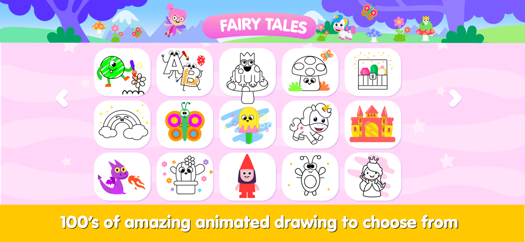 A menu screen of a children's coloring app showing a grid of fairy tale themed drawing icons including unicorns, castles, and dragons.