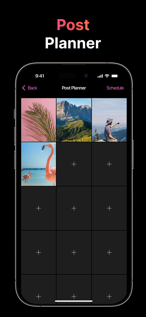 Mobile app interface for planning and previewing an Instagram post grid layout