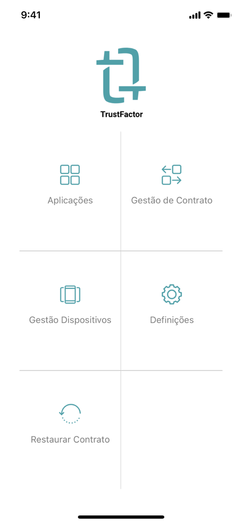TrustFactor Authenticator - Menú principal de la aplicación TrustFactor Authenticator que muestra opciones de gestión de seguridad y configuración