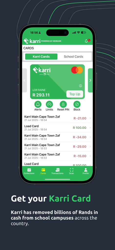 Mobile screen of the Karri app showing a digital card wallet and a list of school payment transactions