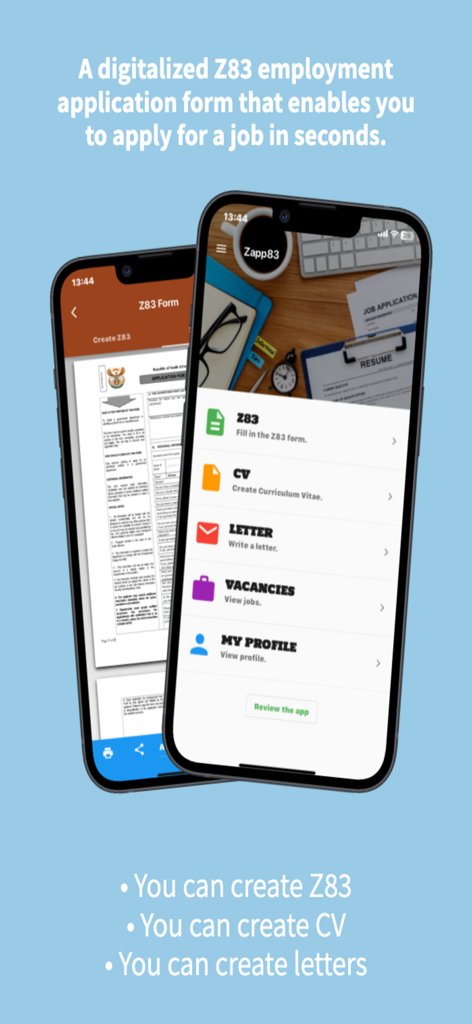 Two smartphones showing the Zapp83 app menu and digital Z83 employment application form