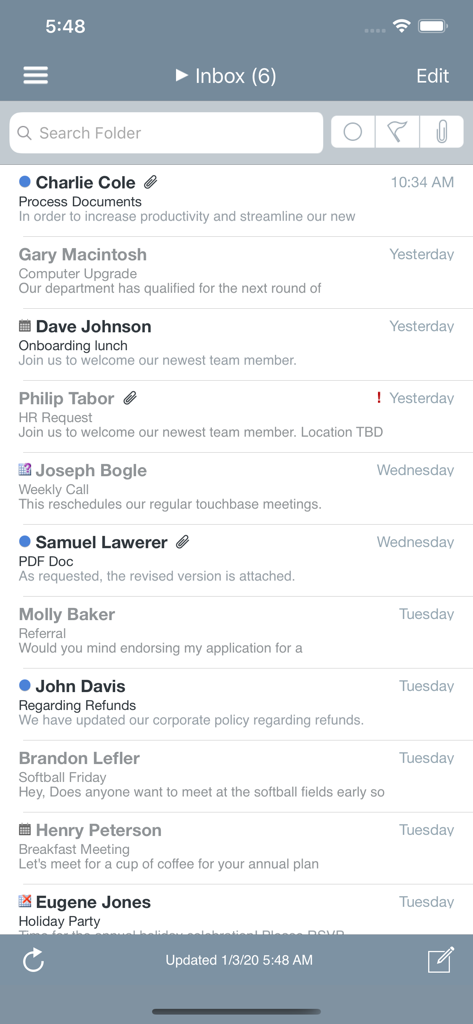 Mail+ for Outlook - Interfaz de la bandeja de entrada de Mail Plus para Outlook mostrando una lista de mensajes recientes