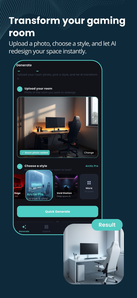 Game Room AI Designer - Mobile app interface of Game Room AI Designer showing the steps to upload a room photo and apply the Arctic Pro style for an AI generated gaming setup redesign