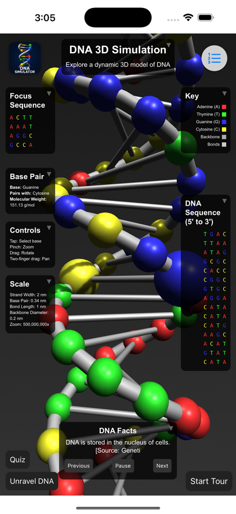 Un modelo interactivo en 3D y colorido de una doble hélice de ADN con hechos científicos y secuencias