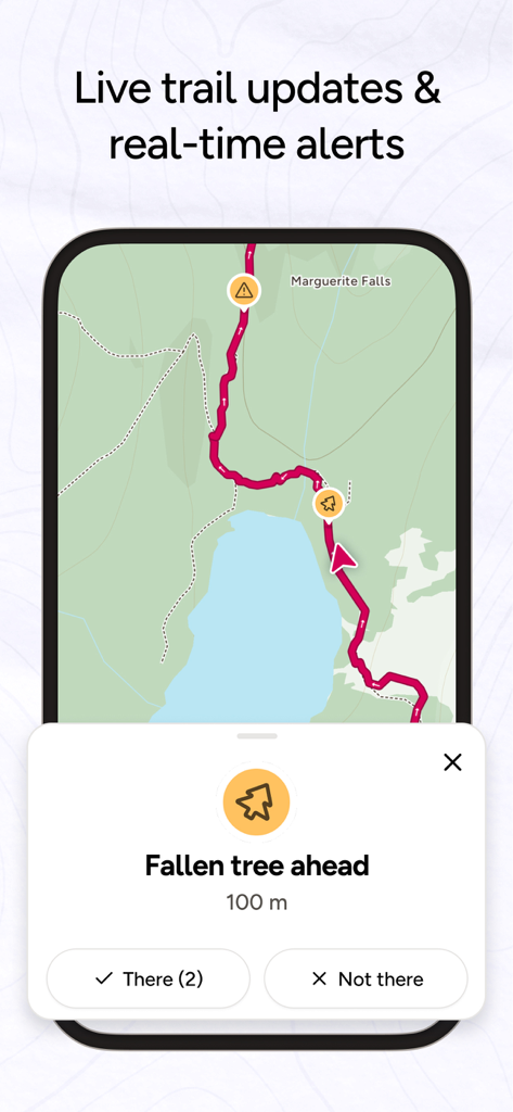 OS Maps: Walk, Hike, Run, Bike - Interfaz de OS Maps mostrando alertas comunitarias en vivo sobre peligros en el sendero, como un árbol caído