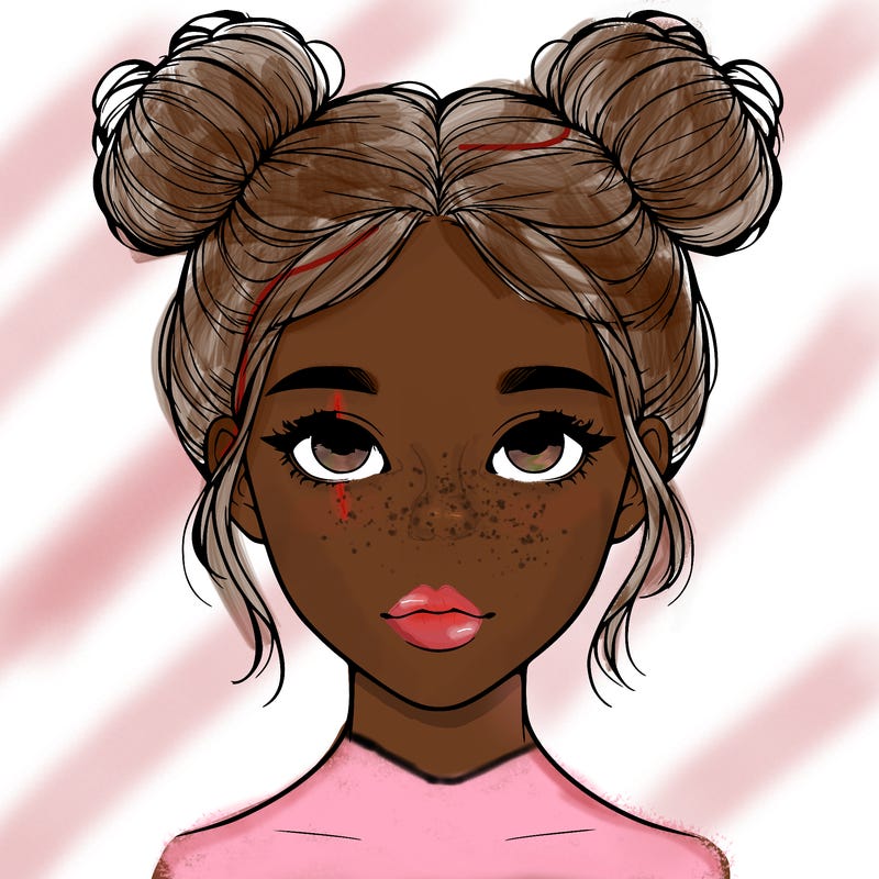 realistic girl with two buns on top of her head