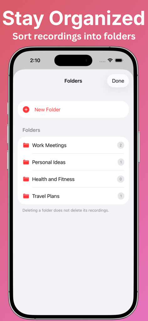 Recollect - AI Voice Notes - Recollect app interface for organizing voice recordings into custom folders.