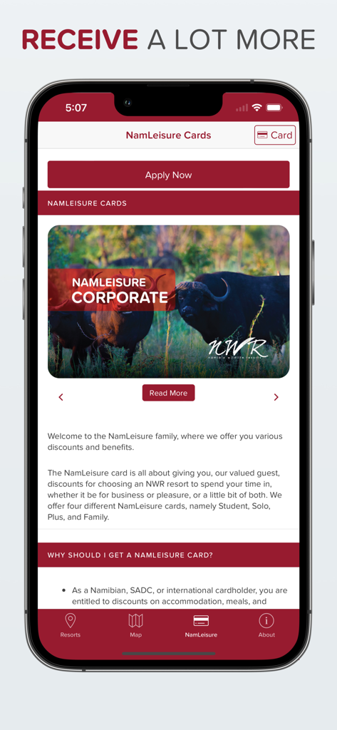 NamLeisure membership card benefits and discounts screen on the NWR Namibia app