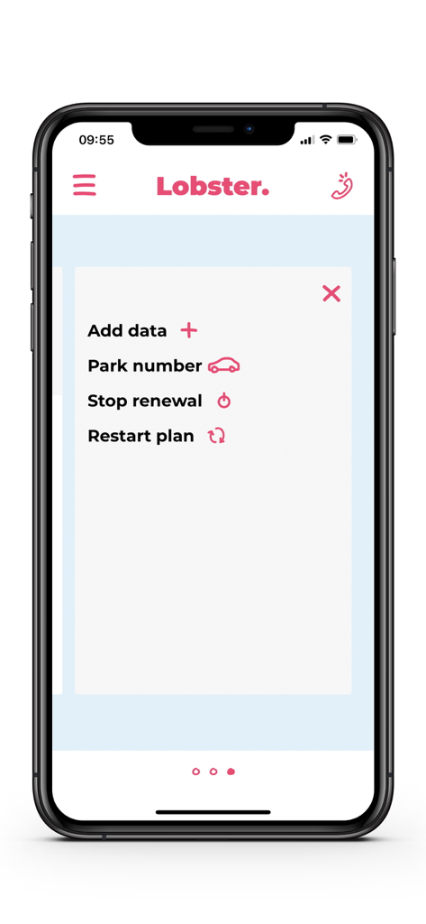 Lobster Mobile - Captura de pantalla del menú de la app Lobster Mobile mostrando opciones para añadir datos, aparcar número, detener renovación y reiniciar plan.