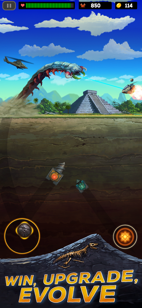 Death Worm™ Deluxe - A giant predatory worm leaping from the ground to attack a helicopter near an ancient jungle pyramid.