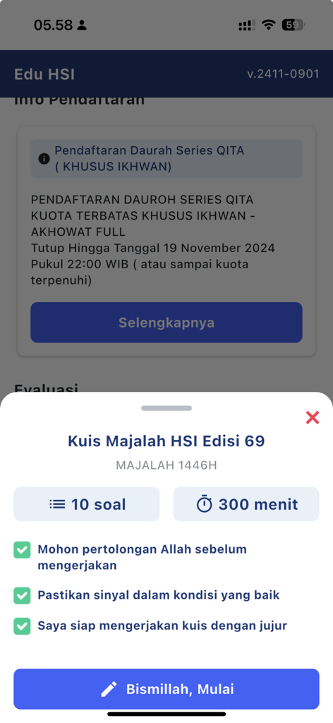 Edu HSI - Edu HSI app quiz screen showing the magazine edition 69 start page with rules and a bismillah start button
