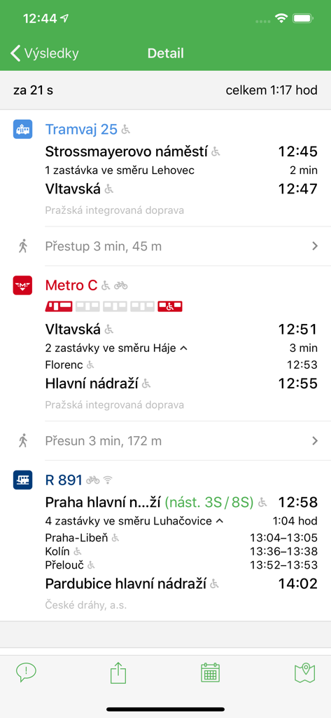 Pubtran - Detailed public transit route itinerary in the Pubtran app showing tram metro and train connections in the Czech Republic