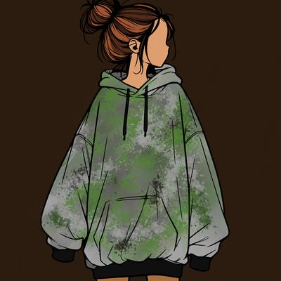 realistic girl with a oversized sweatshirt on and a bun