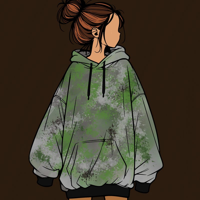 realistic girl with a oversized sweatshirt on and a bun