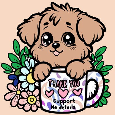 a really cute puppy holding a thank you for support mug with flowers everywhere