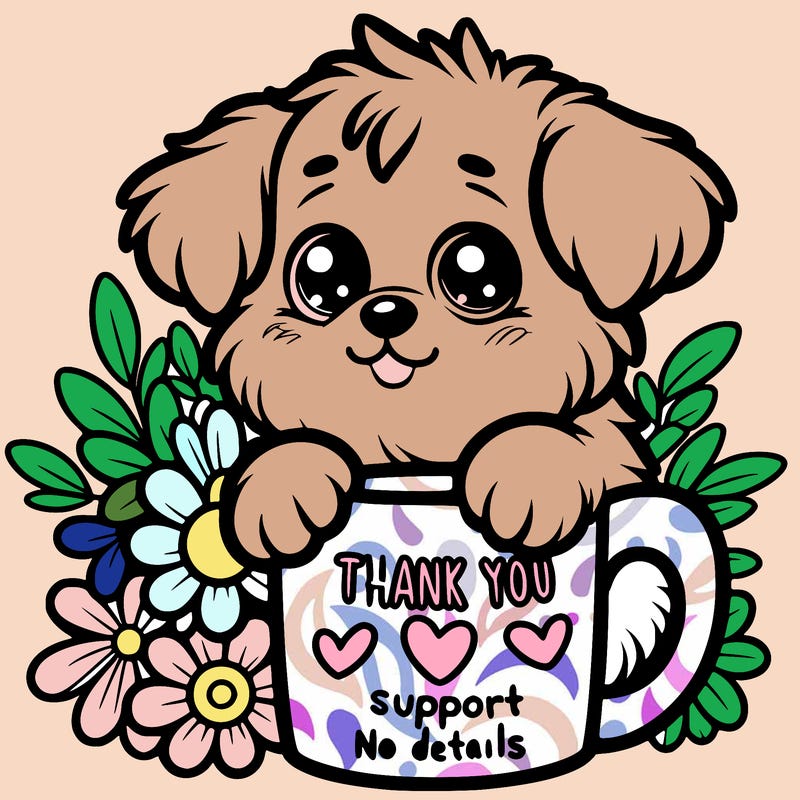 a really cute puppy holding a thank you for support mug with flowers everywhere