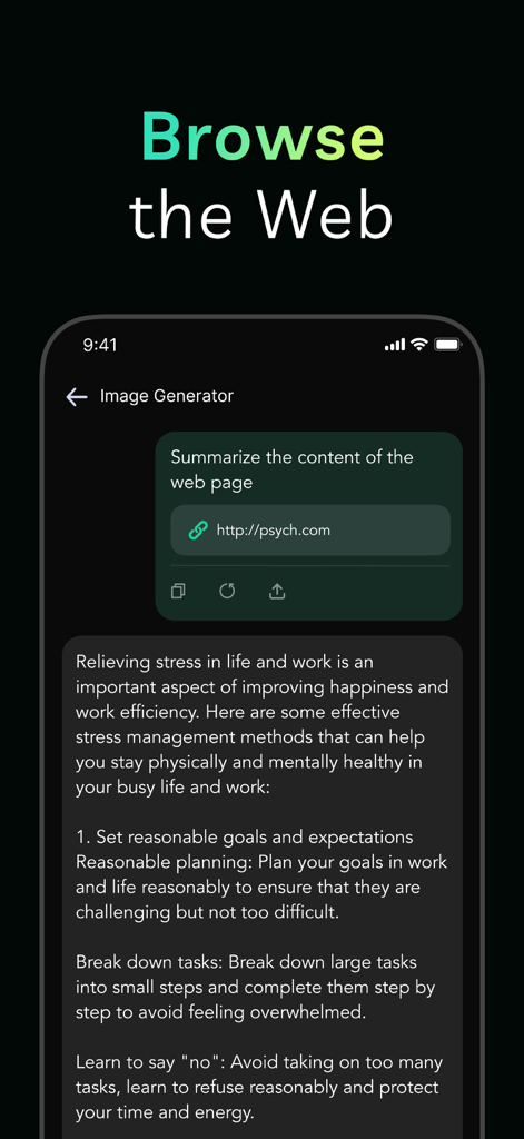 Deep AI Chat mobile app interface summarizing a web page link