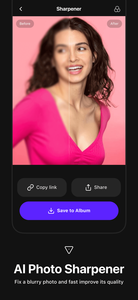 PhotoAI - AI Photo Enhancer - Vorher-Nachher-Vergleich eines unscharfen und geschärften Porträts, das mit dem KI-Sharpener-Tool der PhotoAI-App verwendet wurde.