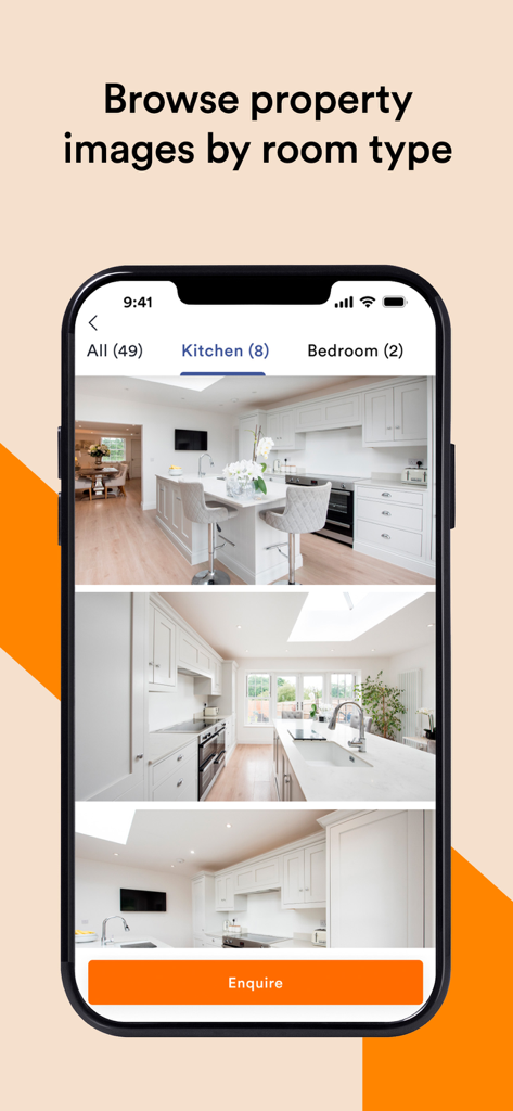 OneRoof app interface showing property images filtered by room type