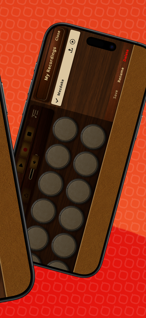 Darbuka - Darbuka app recordings screen showing options to save rename and delete tracks