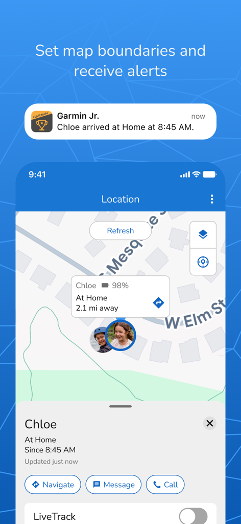 Garmin Jr.™ - 子供の現在地と帰宅時の通知アラートを表示するGarmin Jr.アプリのマップビュー
