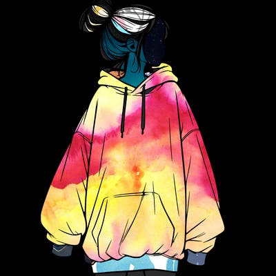 realistic girl with a oversized sweatshirt on and a bun