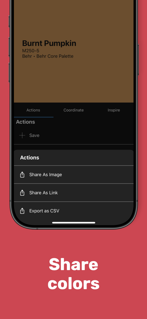 color muse - Interface de l'application Color Muse affichant les options de partage pour une couleur de peinture capturée appelée Burnt Pumpkin.