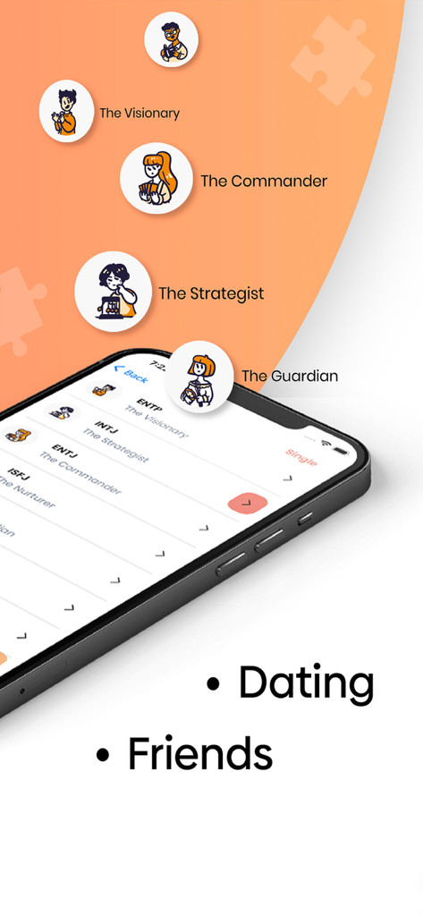 Smartphone screen showing personality types like Visionary and Strategist on the Ur My Type dating and friendship app interface