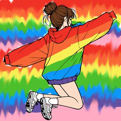 realistic girl jumping with a bun and oversized sweatshirt