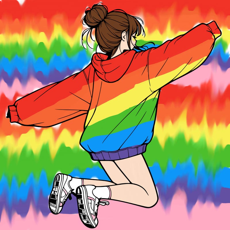 realistic girl jumping with a bun and oversized sweatshirt
