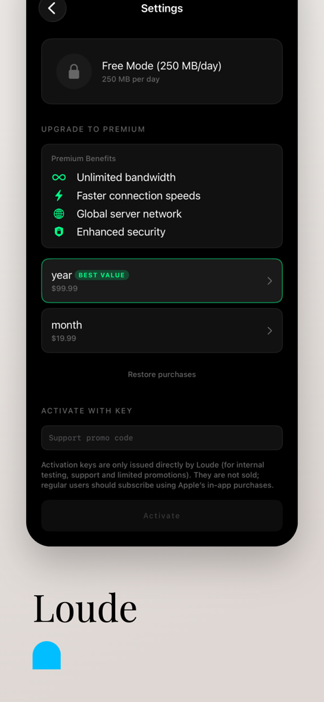 Loude - Loude VPN app settings menu showing premium upgrade options and benefits