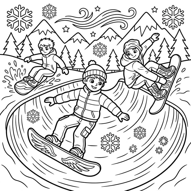 Dive into the thrilling world of winter sports with this exciting halfpipe snowboarders coloring page designed for kids. It's a fantastic way for young artists to express their creativity while bringing an action-packed scene to life.