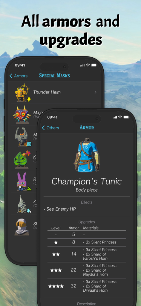 Eine mobile App-Oberfläche, die Rüstungsstatistiken und Upgrade-Materialien für Breath of the Wild anzeigt