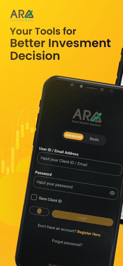 KB ARA - KB ARA investment app login screen with login fields and fingerprint authentication