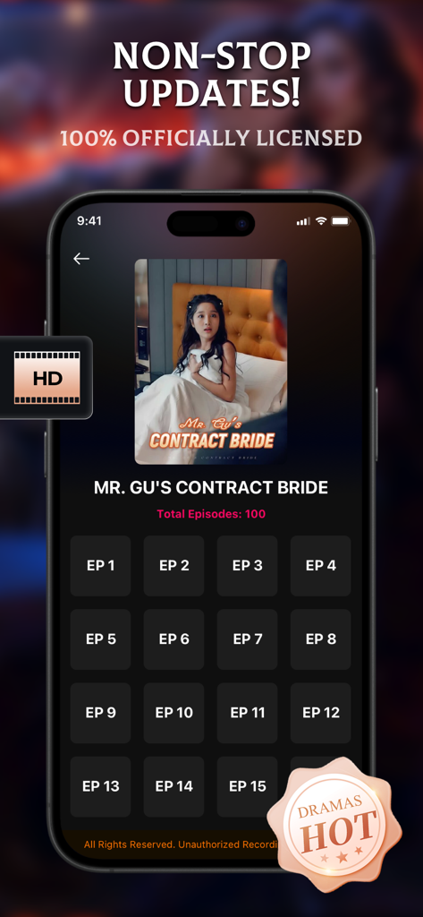 Ein Bildschirm einer mobilen App, der eine Episodenliste für ein lizenziertes Kurz-Drama mit dem Titel Mr Gu Contract Bride anzeigt